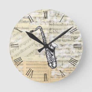 Vintage Saxophone Music Clock Rund Klocka