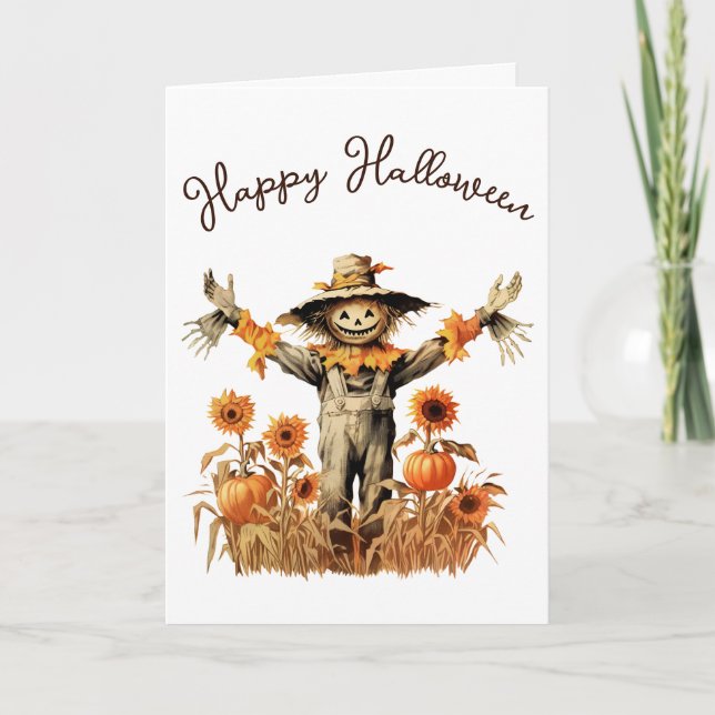 Vintage Scarecrow Halloween Pumpafält Kort (Framsida)