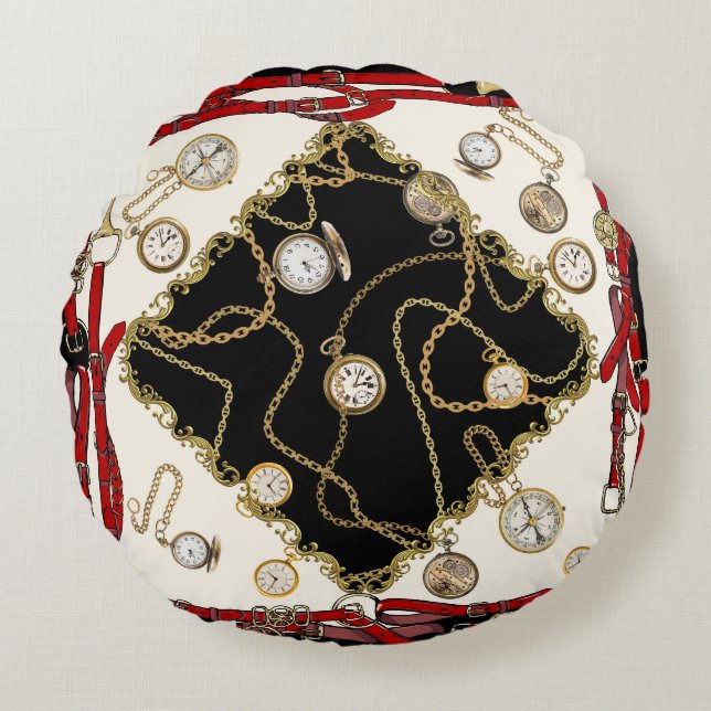 Vintage Scarf: Chain Clock Mönster Rund Kudde (Framsidan)