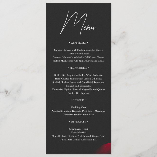 Vintage scarlet röd ros bläckblomma bröllop meny (Baksida)