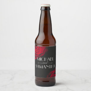 Vintage scarlet röd ros bläckblomma bröllop ölflaska etikett