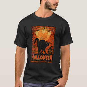 Vintage Scary Black Cat Witchy Pumpkin Ghost Måne T Shirt