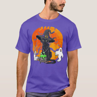 Vintage Scary Halloween Black Cat Witch Hat T Shirt