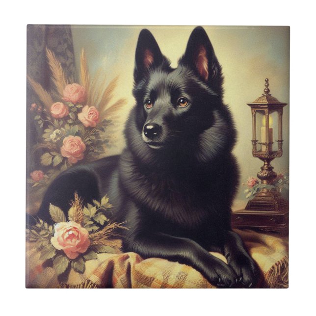 Vintage Schipperke-Hund Kakelplatta (Framsidan)