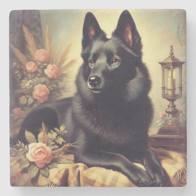 Vintage Schipperke-Hund Stenunderlägg (Framsidan)