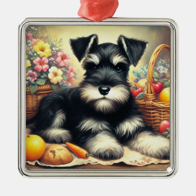 Vintage Schnauzer-målning Julgransprydnad Metall (Framsidan)