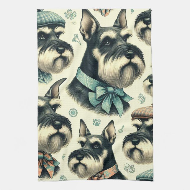 Vintage Schnauzer Sömlös illustration Kökshandduk (Vertikal)