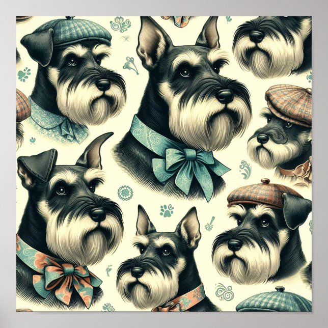 Vintage Schnauzer Sömlös illustration Poster (Framsidan)