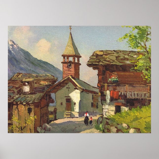 Vintage Schweiz, en by i Valais Poster (Framsidan)