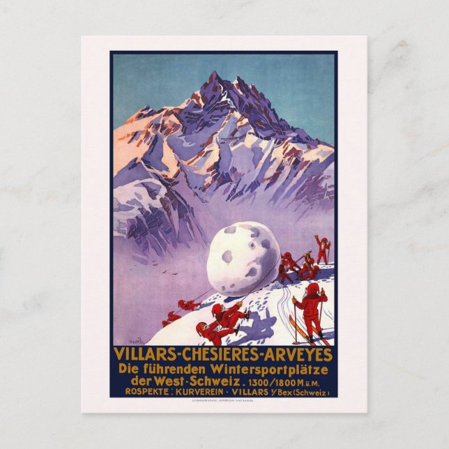 Vintage Schweiz Travel Ski Vykort (Framsida)