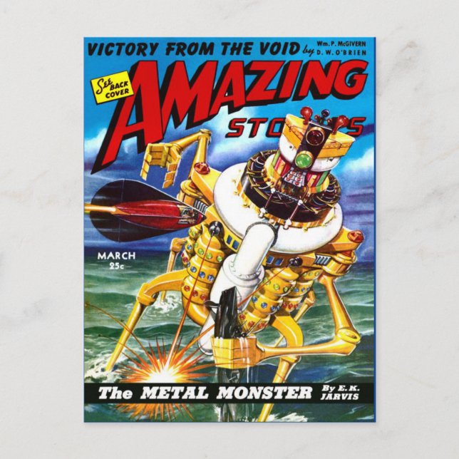 Vintage Sci Fi art Metall Monster Vykort (Framsida)