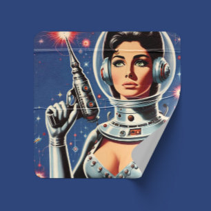 Vintage Sci-fi Astronautflicka Fyrkantigt Klistermärke