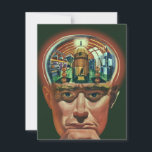 Vintage Science fiction, Alien Brain i laboratorie<br><div class="desc">Vintage illustrerar futuristiska Science fiction utomjordingar och robotbilder som visar ett laboratorium för en man med hjärnan exponerad. En klassisk tecknad bok-design med en cyborgforskare med handen till sin hacka med en intensiv blick på hans ansikte och ser ut som om han tänker på framtiden eller kanske bara tänker på...</div>