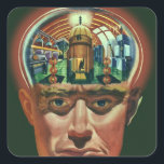Vintage Science fiction, Alien Brain i laboratorie Fyrkantigt Klistermärke<br><div class="desc">Vintage illustrerar futuristiska Science fiction utomjordingar och robotbilder som visar ett laboratorium för en man med hjärnan exponerad. En klassisk tecknad bok-design med en cyborgforskare med handen till sin hacka med en intensiv blick på hans ansikte och ser ut som om han tänker på framtiden eller kanske bara tänker på...</div>