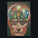 Vintage Science fiction, Alien Brain i laboratorie Kökshandduk<br><div class="desc">Vintage illustrerar futuristiska Science fiction utomjordingar och robotbilder som visar ett laboratorium för en man med hjärnan exponerad. En klassisk tecknad bok-design med en cyborgforskare med handen till sin hacka med en intensiv blick på hans ansikte och ser ut som om han tänker på framtiden eller kanske bara tänker på...</div>