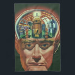 Vintage Science fiction, Alien Brain i laboratorie Kökshandduk<br><div class="desc">Vintage illustrerar futuristiska Science fiction utomjordingar och robotbilder som visar ett laboratorium för en man med hjärnan exponerad. En klassisk tecknad bok-design med en cyborgforskare med handen till sin hacka med en intensiv blick på hans ansikte och ser ut som om han tänker på framtiden eller kanske bara tänker på...</div>