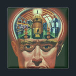 Vintage Science fiction, Alien Brain i laboratorie Magnet<br><div class="desc">Vintage illustrerar futuristiska Science fiction utomjordingar och robotbilder som visar ett laboratorium för en man med hjärnan exponerad. En klassisk tecknad bok-design med en cyborgforskare med handen till sin hacka med en intensiv blick på hans ansikte och ser ut som om han tänker på framtiden eller kanske bara tänker på...</div>