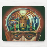 Vintage Science fiction, Alien Brain i laboratorie Musmatta<br><div class="desc">Vintage illustrerar futuristiska Science fiction utomjordingar och robotbilder som visar ett laboratorium för en man med hjärnan exponerad. En klassisk tecknad bok-design med en cyborgforskare med handen till sin hacka med en intensiv blick på hans ansikte och ser ut som om han tänker på framtiden eller kanske bara tänker på...</div>