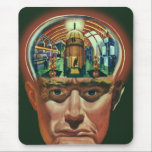 Vintage Science fiction, Alien Brain i laboratorie Musmatta<br><div class="desc">Vintage illustrerar futuristiska Science fiction utomjordingar och robotbilder som visar ett laboratorium för en man med hjärnan exponerad. En klassisk tecknad bok-design med en cyborgforskare med handen till sin hacka med en intensiv blick på hans ansikte och ser ut som om han tänker på framtiden eller kanske bara tänker på...</div>