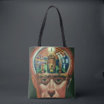 Vintage Science fiction, Alien Brain i laboratorie Tygkasse<br><div class="desc">Vintage illustrerar futuristiska Science fiction utomjordingar och robotbilder som visar ett laboratorium för en man med hjärnan exponerad. En klassisk tecknad bok-design med en cyborgforskare med handen till sin hacka med en intensiv blick på hans ansikte och ser ut som om han tänker på framtiden eller kanske bara tänker på...</div>