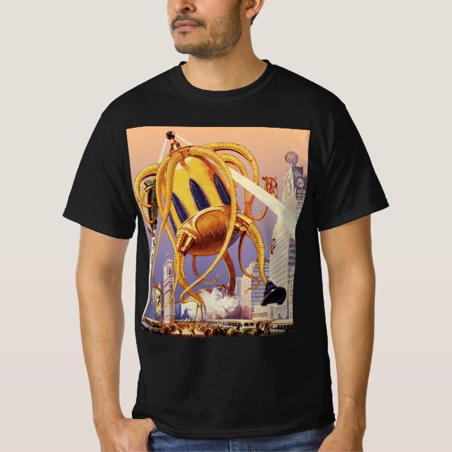 Vintage Science Fiction Alien Invasion Bläckfisk T Shirt (Framsida)