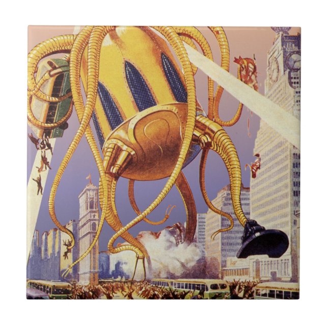 Vintage Science Fiction Alien Krig Invasion Bläckf Kakelplatta (Framsidan)