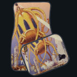Vintage Science fiction Alien Krig Invasion Octopu Bilmatta<br><div class="desc">utomjordingar för illustration av vintage och science fiction-robotar med en stor futuristiska av främmande bläckfisk som ett monster som invaderar en stad och plockar upp en fullt av människor i buss. En retrosci om bok i tecknad med en varelse som förstör framtidens storstadsområden och människor faller ut från buss till...</div>