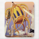Vintage Science fiction Alien Krig Invasion Octopu Musmatta<br><div class="desc">utomjordingar för illustration av vintage och science fiction-robotar med en stor futuristiska av främmande bläckfisk som ett monster som invaderar en stad och plockar upp en fullt av människor i buss. En retrosci om bok i tecknad med en varelse som förstör framtidens storstadsområden och människor faller ut från buss till...</div>