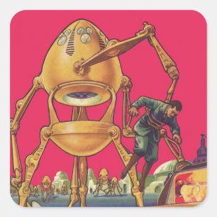Vintage Science Fiction Alien Robot Fångar Man Fyrkantigt Klistermärke