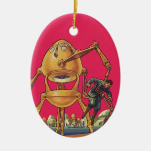 Vintage Science Fiction Alien Robot Fångar Man Julgransprydnad Keramik