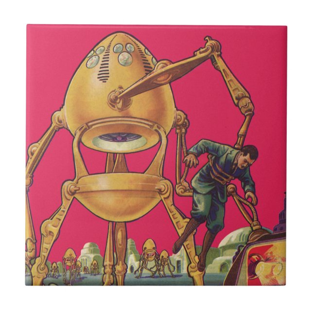 Vintage Science Fiction Alien Robot Fångar Man Kakelplatta (Framsidan)