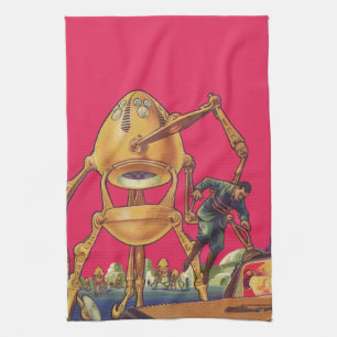 Vintage Science Fiction Alien Robot Fångar Man Kökshandduk