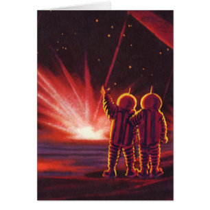 Vintage Science Fiction Alien Röd Planet Explosion Hälsningskort