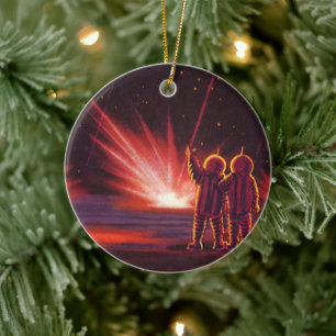 Vintage Science Fiction Alien Röd Planet Explosion Julgransprydnad Keramik