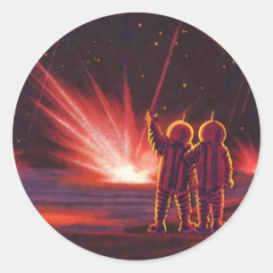 Vintage Science Fiction Alien Röd Planet Explosion Runt Klistermärke