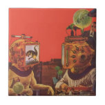 Vintage Science fiction, Alien Steam Punk Helmet Kakelplatta<br><div class="desc">Vintage illustration av laboratoriebilden för futuristiska Science fiction. En klassisk 50-sekundersmodell för retrosci med två personer som i framtiden kommunicerar med videohjälmar. En av hjälmarna har en dinosaurier i skärm. En vetenskapsman är ansvarig för maskiner och leder experimentet.</div>