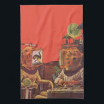 Vintage Science fiction, Alien Steam Punk Helmet Kökshandduk<br><div class="desc">Vintage illustration av laboratoriebilden för futuristiska Science fiction. En klassisk 50-sekundersmodell för retrosci med två personer som i framtiden kommunicerar med videohjälmar. En av hjälmarna har en dinosaurier i skärm. En vetenskapsman är ansvarig för maskiner och leder experimentet.</div>