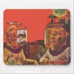 Vintage Science fiction, Alien Steam Punk Helmet Musmatta<br><div class="desc">Vintage illustration av laboratoriebilden för futuristiska Science fiction. En klassisk 50-sekundersmodell för retrosci med två personer som i framtiden kommunicerar med videohjälmar. En av hjälmarna har en dinosaurier i skärm. En vetenskapsman är ansvarig för maskiner och leder experimentet.</div>