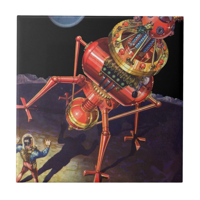 Vintage Science fiction Astronaut med Alien Robot Kakelplatta (Framsidan)