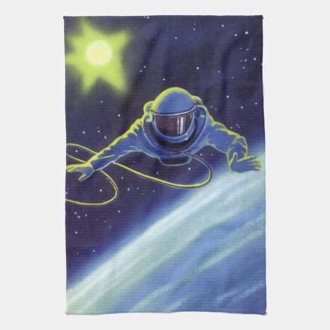 Vintage Science fiction Astronaut på en rymdpromen Kökshandduk (Vertikal)