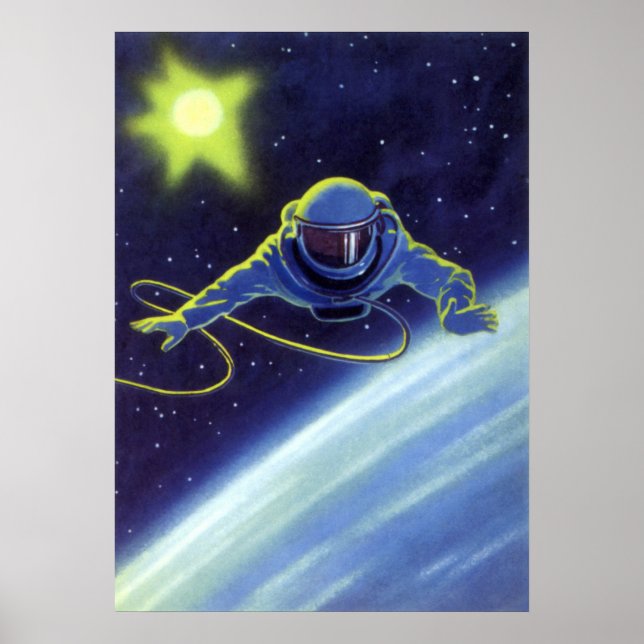 Vintage Science Fiction-astronaut på rymdpromenad Poster (Framsidan)