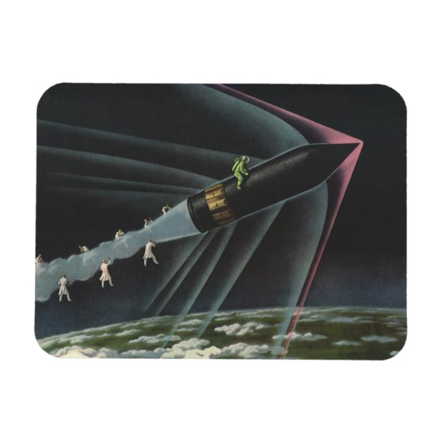 Vintage Science fiction Astronaut Riding a Rocket Magnet (Horisontell)