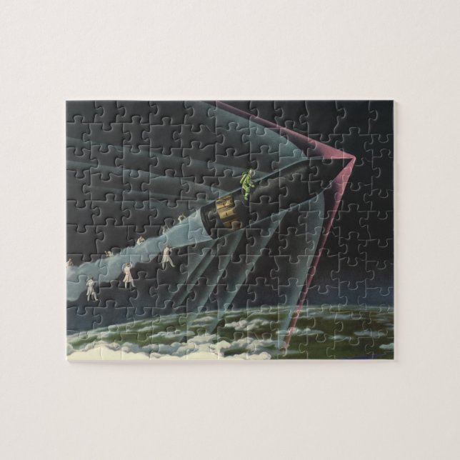 Vintage Science fiction Astronaut Riding a Rocket Pussel (Horisontell)