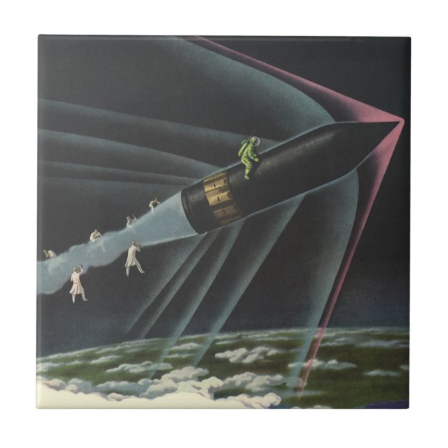 Vintage Science Fiction Astronaut Ridning på en Ra Kakelplatta (Framsidan)