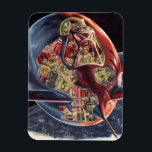 Vintage Science fiction Astronaut Rocket Spacesshi Magnet<br><div class="desc">Vintage illustration futuristiska Science fiction färd och transport bild. Ett genomskinligt rymdskepp som flyger över jorden med en astronaut-pilot. En klassisk 50-sekundersmodell för bok-sci-i-tecknad i framtiden.</div>