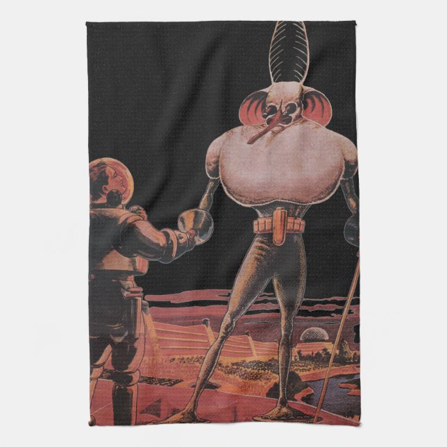 Vintage Science fiction Astronaut Shake Hand Alien Kökshandduk (Vertikal)