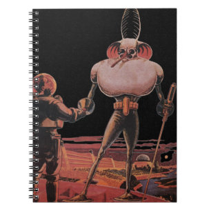 Vintage Science Fiction Astronaut Skakar Hand med Anteckningsbok