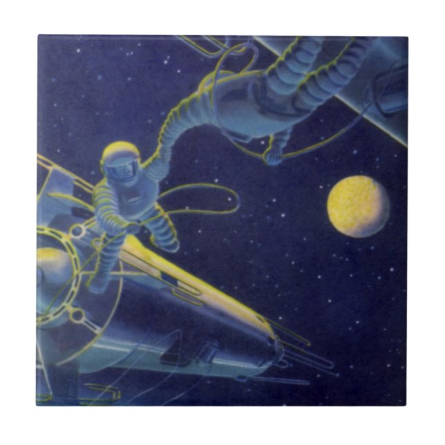 Vintage Science Fiction-astronauter i yttre rymden Kakelplatta (Framsidan)