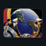 Vintage Science fiction Astronauter Orbitande jord Magnet<br><div class="desc">Vintage illustrerar futuristiskans resa och bilden av transport science fiction med piloter som flyger ett flygplan,  en raketer eller ett rymdskepp i rymden över jorden. Astronauterna färdas över Nordamerika. En klassisk 50-sekundersmodell för bok-sci-i-tecknad i framtiden.</div>