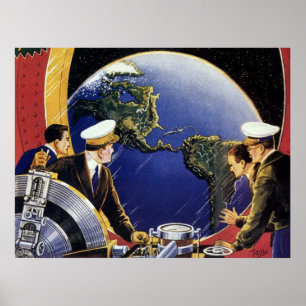 Vintage Science fiction Astronauter Orbitande jord Poster